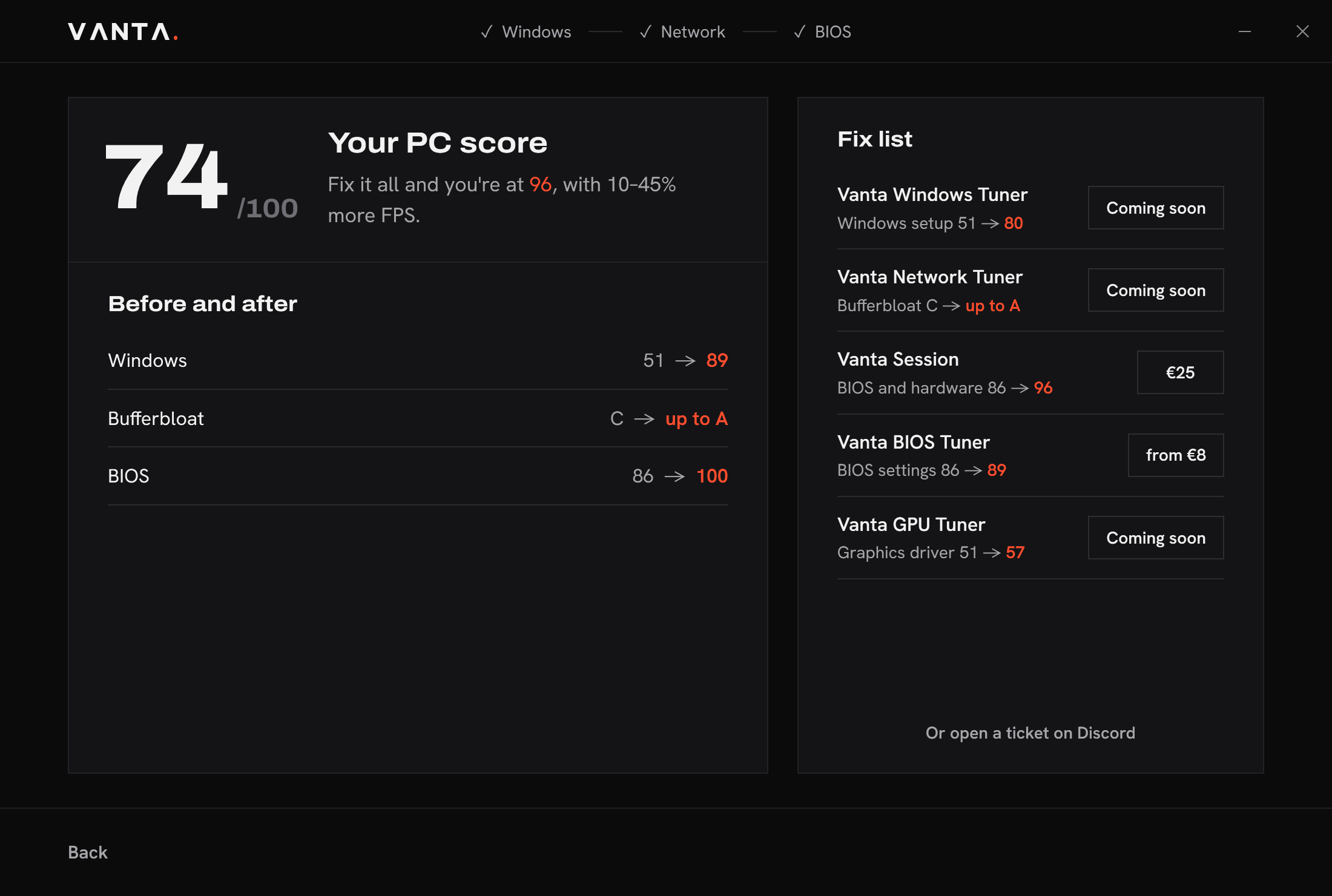 Vanta PC Check on a sample PC: a score of 74 out of 100, before and after per part, and the fix list with BIOS Tuner from €8